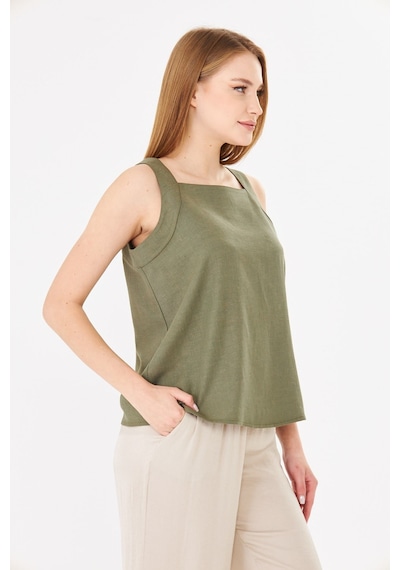 Sortie Collection Geniş Askılı Kare Yaka Haki Keten Bluz Sortie Collection Geniş Askılı Kare Yaka Haki Keten Bluz