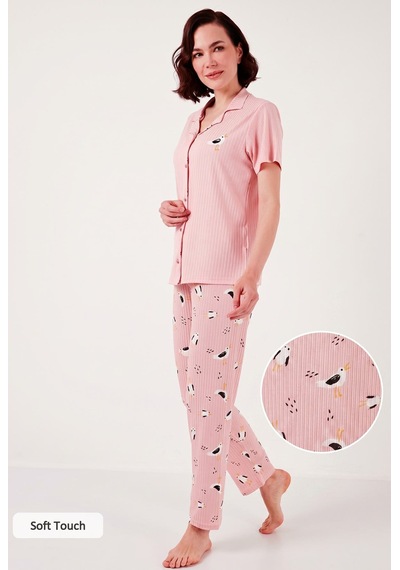 Lela Regular Fit Gömlek Yaka Kısa Kollu Bayan Pijama Takımı 65740102 Pembe