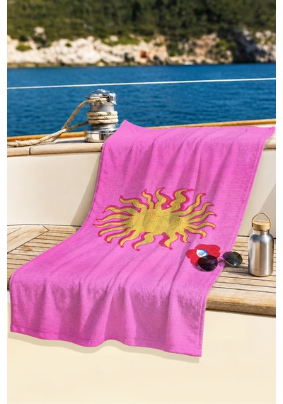 Güneş Temalı Fuşya Plaj Havlusu-bohem Sanatsal Pembe Sarı Havuz Deniz Hızlı Kuruyan Mikrofiber Havlu Uçuk Leylak
