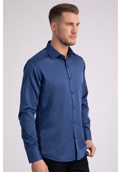 Tudors Modern Slim Fit Düz Saten Erkek Gömlek-23055 İndigo