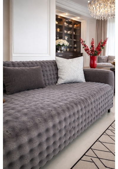 Peluş Koltuk Örtüsü 175x215 Cm Bubble Antrasit Kaymaz Kanepe Örtüsü, Çekyat Örtüsü
