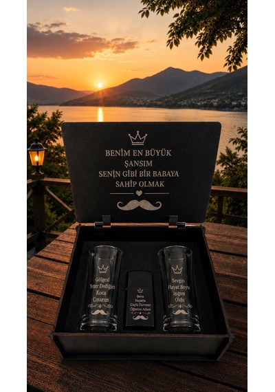 Babalar Gününe Özel Hediye Seti- Kişiye Özel Tasarım 2 Li Rakı Bardağı Ahşap Kutulu