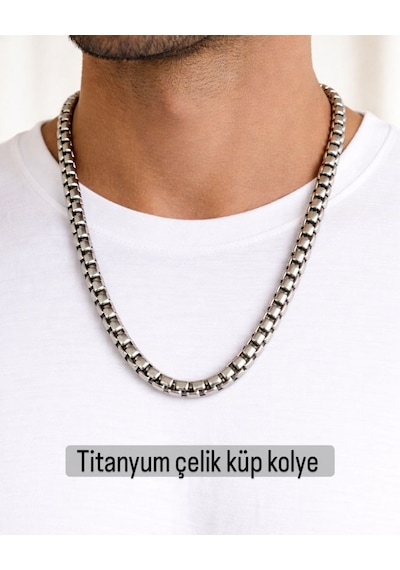 Kalın Kutu Zincir Kolye Box Chain Titanyum Çelik Şık Modern Tasarım Gümüş