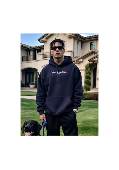 Caddekombin The Boston Est Baskılı Kapüşonlu Cepli İçi Yünlü Lacivert Sweatshirt Lacivert