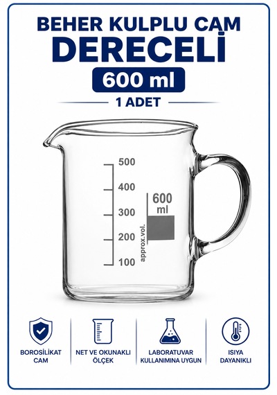 Beher Kulplu Cam 600 Ml - Kısa Form Isıya Dayanıklı Beaker