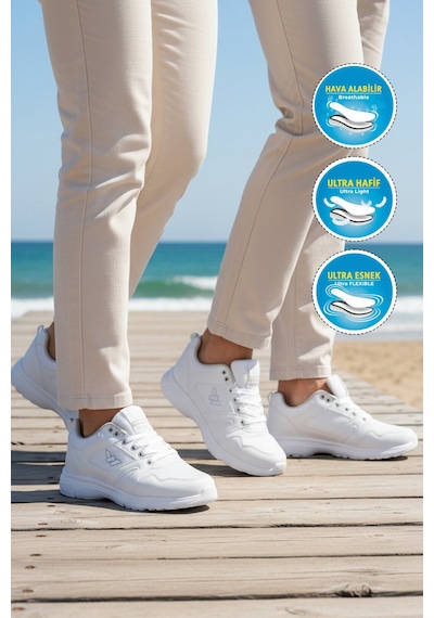 Walkway Beyaz Fileli Hafif Bağcıklı Esnek Unisex Spor Ayakkabı 020 G
