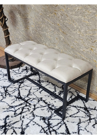 Zafir Siyah Boyalı - L - Ayaklı 100 Cm X 38 Cm Oturak - Bench - Makyaj Taburesi - Makyaj Oturak Krem