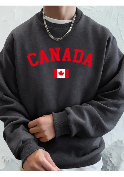 Startmore Tarzsokak Kanada Baskılı Bayraklı Erkek Kapüşonlu Üstleri Sonbahar Bol Sweatshirt Hip Hop Yuvarlak Yaka Antrasit