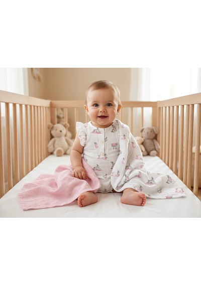 % 100 Pamuk Müslin Bebek Örtüsü - Bébé Lapin Rose 70x70 Cm Throw7019