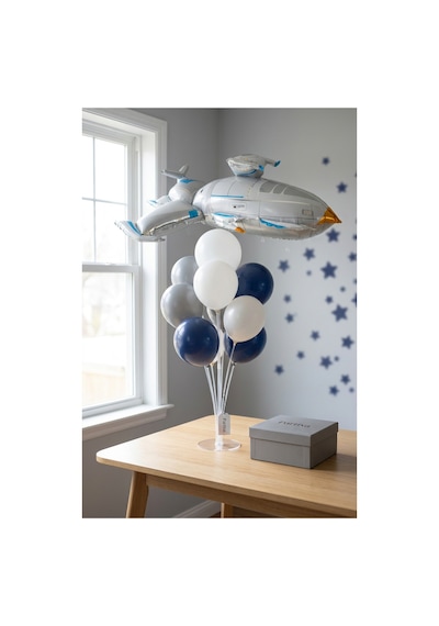 Büyük Boy Yıldızlar Arası Uzay Aracı Balon Stand Seti Şeffaf 7 Li Stand + Uzay Aracı Folyo Balon 48 + 7 Lateks Balon
