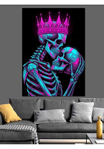 Ahşap Tablo Neon Işıklı İskelet Aşkı Portresi