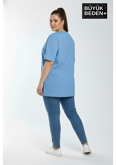Superlife Kadın Büyük Beden Ar Baskılı 3xl-6xl Bisiklet Yaka Tshırt Spr26btsk510-1 Mavi