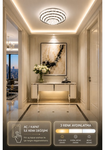 Safir Led Krom Akrilik Avize Modern Tasarımlı 3 Renk Dimmer Özellikli Plafonyer 30cm