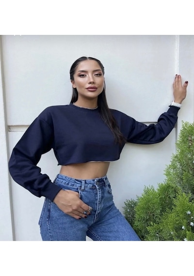 Bayan Swaetshirt Crop Lacivert