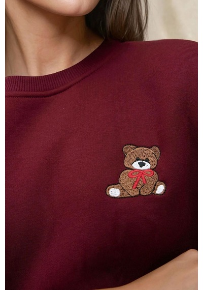 Hiccup İşlemeli Rahat Kesim Pamuklu Sweatshirt Bordo Kırmızı