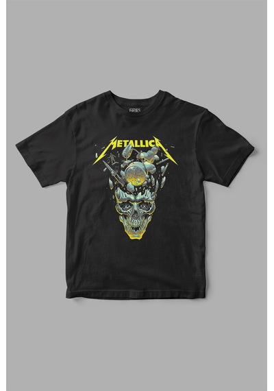 Gries Metallica Yellow Skull Baskılı Tişört Siyah