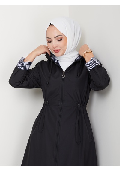 Hb Harma Time Butik Kadın Kapüşonlu Çizgi Detaylı Siyah Bondit Kap