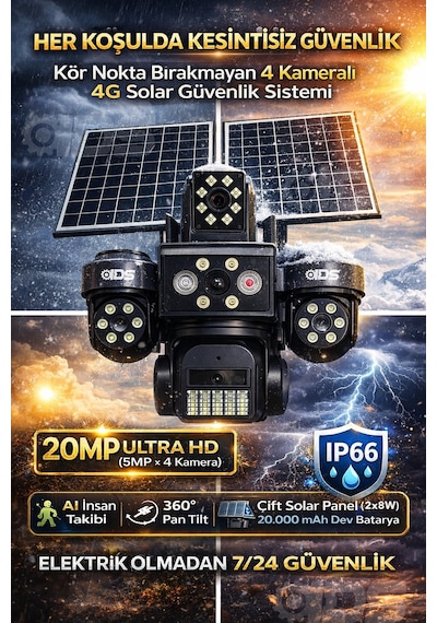 4 Lens 20mp 4g Güneş Enerjili Güvenlik Kamerası Sim Kartlı 128gb Sd Kart Ve 600gb İnternet