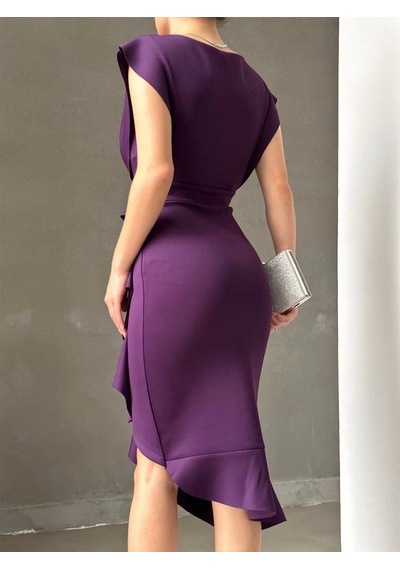Defymoda Scuba Kumaş Önü Fırfırlı Midi Boy Elbise Mürdüm