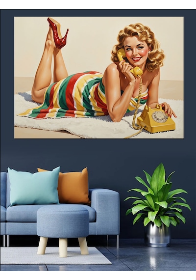 Retro Pin-up Çizgili Elbiseli Kadın Telefonla Konuşuyor Dekoratif Kanvas - Mdf Ahşap Tablo