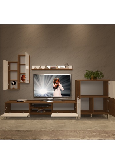 Decoraktiv Eko 6 Mdf Dvd Krom Ayaklı Tv Ünitesi Tv Sehpası Ceviz - Beyaz