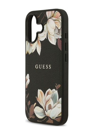 Apple Uyumlu iPhone 17 Kılıf Guess Lisanslı M-safeli Taneli Çiçek Tasarımlı Metal Yazı Logolu Kapak Siyah Siyah