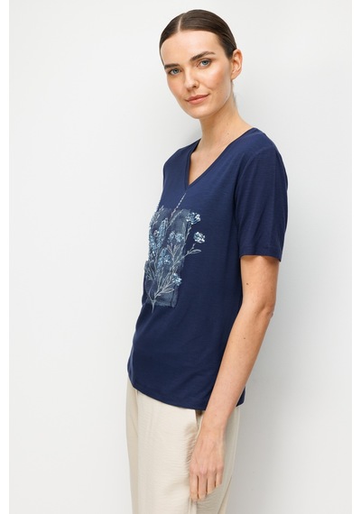 Kadın V Yaka Önü Pul Payet İşlemeli Penye T-shirt Lacivert Lacivert