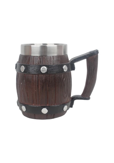 Paslanmaz Çelik İç Hazneli Viking Bira Kupası Ahşap Görünümlü Kulplu Fıçı Tasarım 600 Ml Çok Renkli