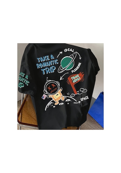 Caddemia Yaz Moda Rahat Spor Bol Kesim Artı Boyutu Astronot Karikatür Baskılı Yuvarla Siyah 2XL Caddemia Yaz Moda Rahat Spor Bol Kesim Artı Boyutu Astronot Karikatür Baskılı Yuvarla Siyah 2XL