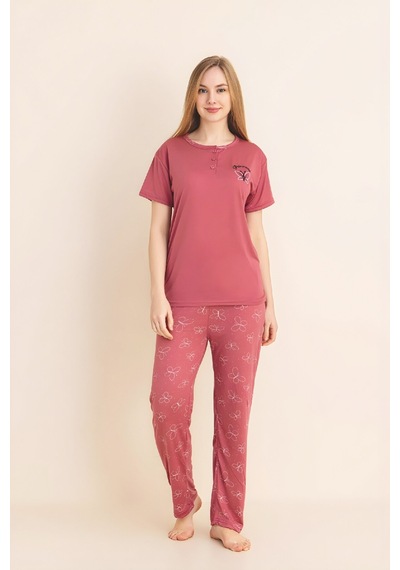 Enisena Kadın Pijama Takımı-menekşe Kumaş-3 Düğmeli-yaka Baskılı-12606sf Mercan