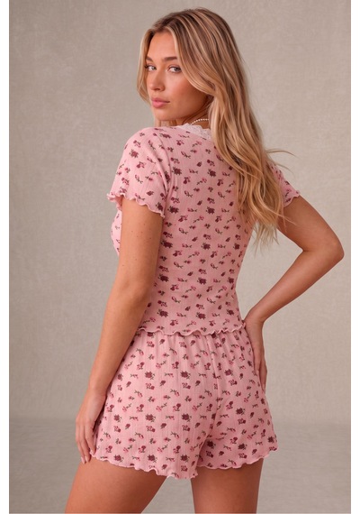 Bella Notte Çiçekli Dantel Kare Yakalı Örme Kısa Kollu Şort Pijama Takımı Pembe