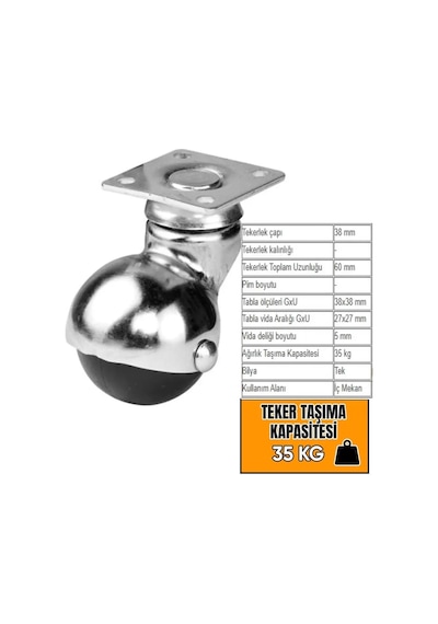 Küre Teker-ofis Koltuk Dolap 360 Derece Döner Tablalı Metal Küre Tekerlek - 40 Mm Çap Siyah