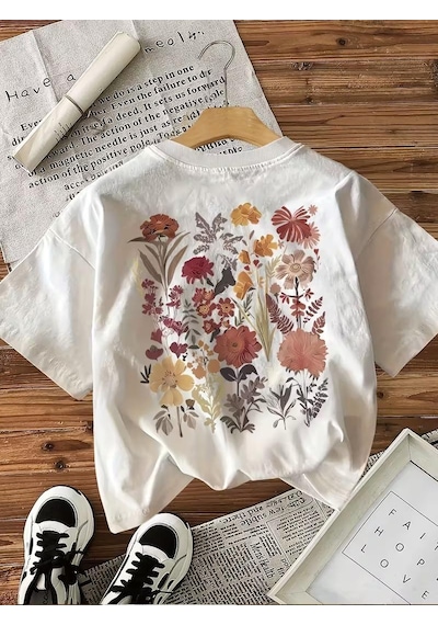 Retro Botanik Sırt Baskılı Çiçek Desenli Premium Kadın Oversize T-shirt Beyaz