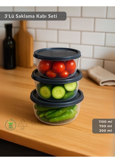 Jet's Home Yuvarlak 3'lü Saklama Kabı Bpa Free Derin Dondurucu İçin Uygun Beslenme Kabı 1100-700-300 Ml Şeffaf
