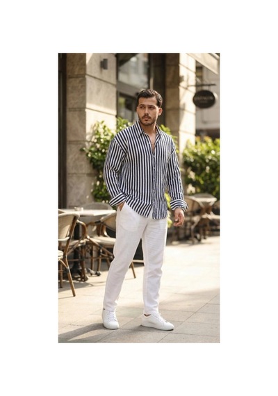 Butik İstanbul Erkek Dikey Çizgili Yarım Oversize Gömlek Lacivert