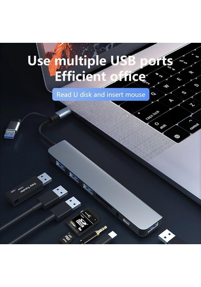 Mt96 Otg Kablolu Çoklayıcı Type-c Usb Girişli 8in1 Adaptör Hub Çoğaltıcı Kart Okuyucu Aux