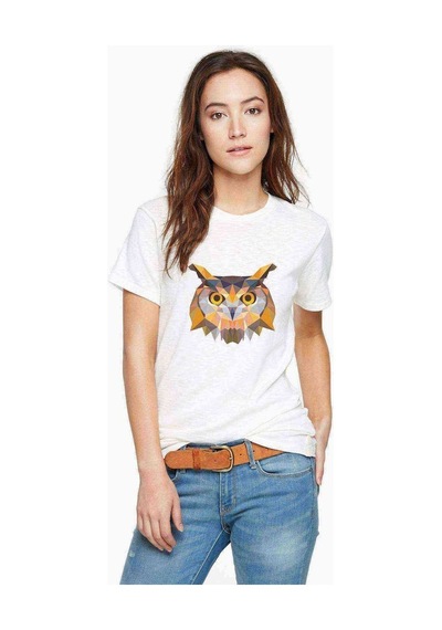 Polygonal Head Owl Baykuş Baskılı Beyaz Kadın Tshirt