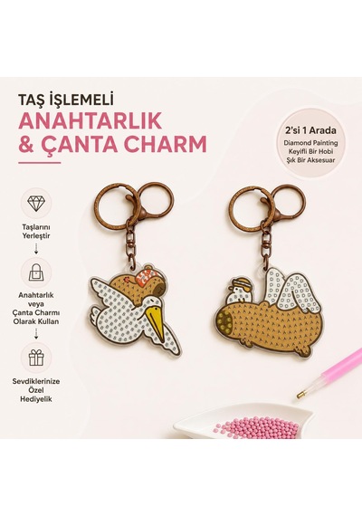 5d Elmas Taş İşlemeli Anahtarlık & Çanta Charmı 2'li Set 5x6 Cm Diamond Painting Keychain & Bag Charm Bkbt17866