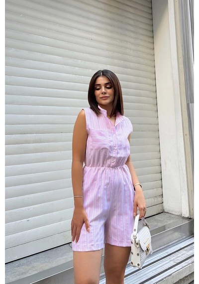 Lila Kolsuz, Düğmeli Hakim Yaka, Beli Lastikli, Cepli, Şort Modelli Kısa Çizgili Tulum Pembe