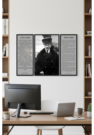Çerçeveli Atatürk Tablosu 3 Lü Set Gençliğe Hitabe, Atatürk Portresi Ve İstiklal Marşı