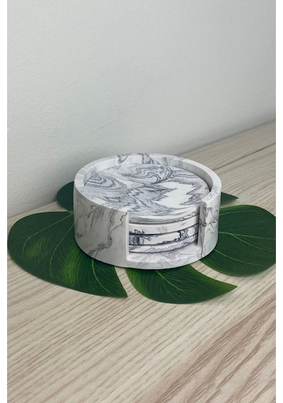 Modern Mermer Desenli 4 Lü Beton Bardak Altlığı & Organizer Minimalist Dekoratif Altlıklar Siyah Beyaz