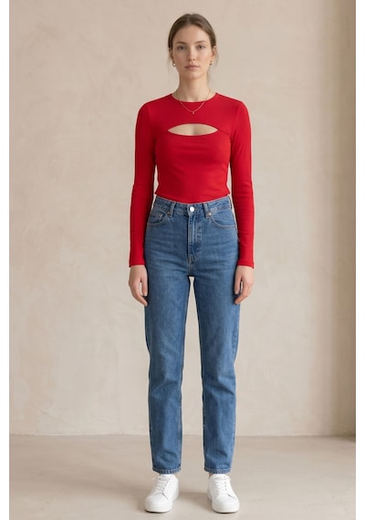 Kadın Kırmızı Cut Out Bluz Uzun Kollu Fit Kalıp Göğüs Dekolteli Modern Şık Üst Bluz