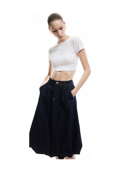 Koton Düğmeli Cep Detaylı Denim Midi Balon Etek Koyu İndigo 5sal70024md Dark Indigo
