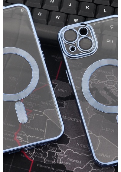 Apple Uyumlu iPhone 14 Magsafe Özellikli Saks Mavi Renkli Kenarlı Lazerli Şeffaf Kılıf Lens Korumalı