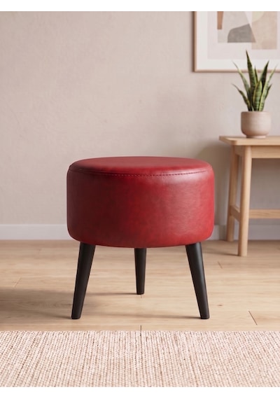 Modern Kırmızı Deri Puf Tabure Ahşap Siyah Ayaklı Yuvarlak Puf 40x42 Cm
