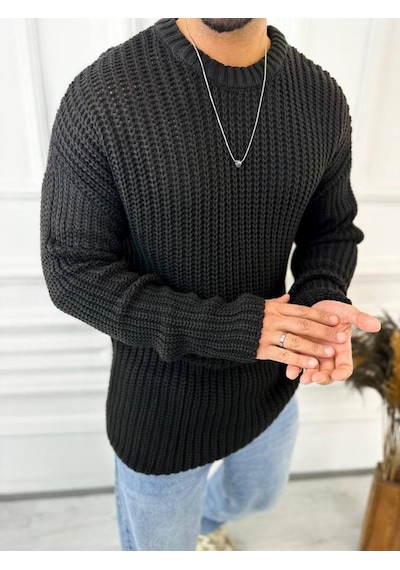 Elku Moda Kazak Oversize Çift Kat Zincir Örgü Naturel Pamuk Bol Kesim Tüylenmez Triko Kazak Siyah