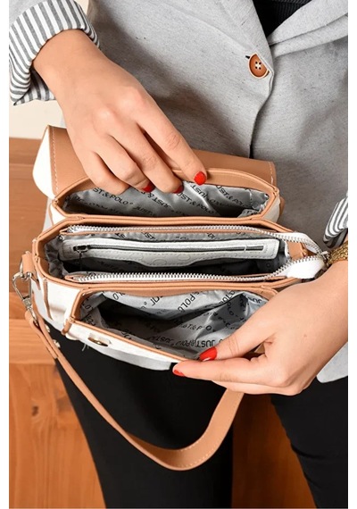 Just Polo Kadın Ayarlanabilir Askılı Şık El & Omuz Çantası Ve Cüzdanı Kombin Shopper Beyaz - Taba