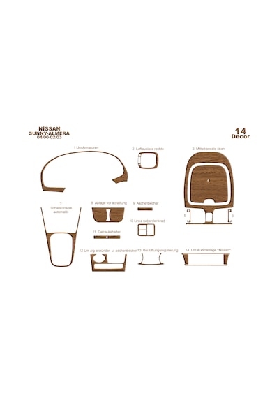 Nissan Sunny Almera Torpido Kaplama 2000-2003 14 Parça Açık Meşe