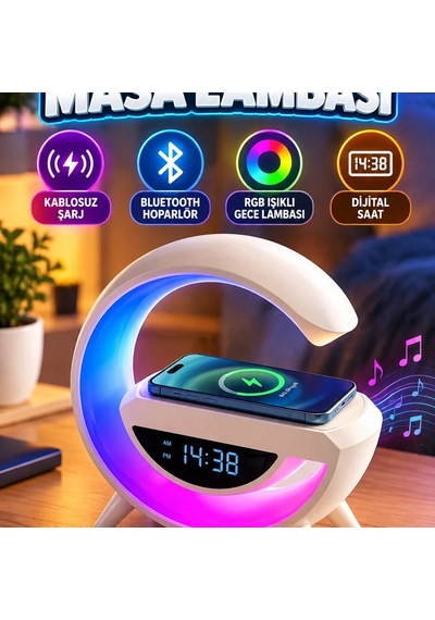 Kablosuz Şarj Özellikli Bluetooth Hoparlör Rgb Işıklı Gece Lambası Dijital Saat