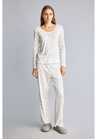 Defacto Çiçekli Düğme Detaylı Regular Fit Uzun Kollu 2li Pijama Takımı F9837ax26auer85 Ekru-er85